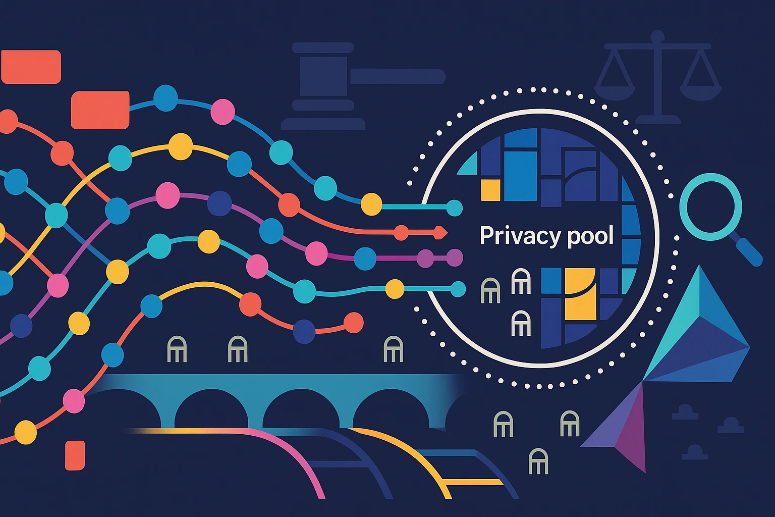 Wide banner of colorful crypto flows crossing bridges into a privacy pool, analyzed by a lens, with law icons in distance.