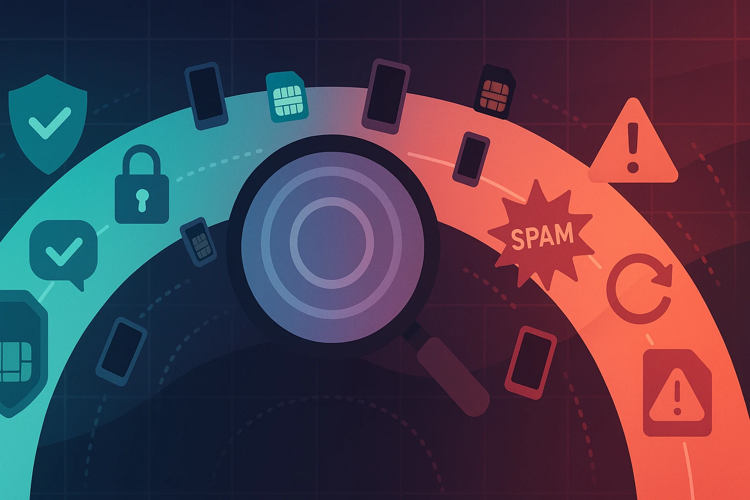 Colorful network banner with phones, SIM chips, and a scan lens flowing from privacy to risk.