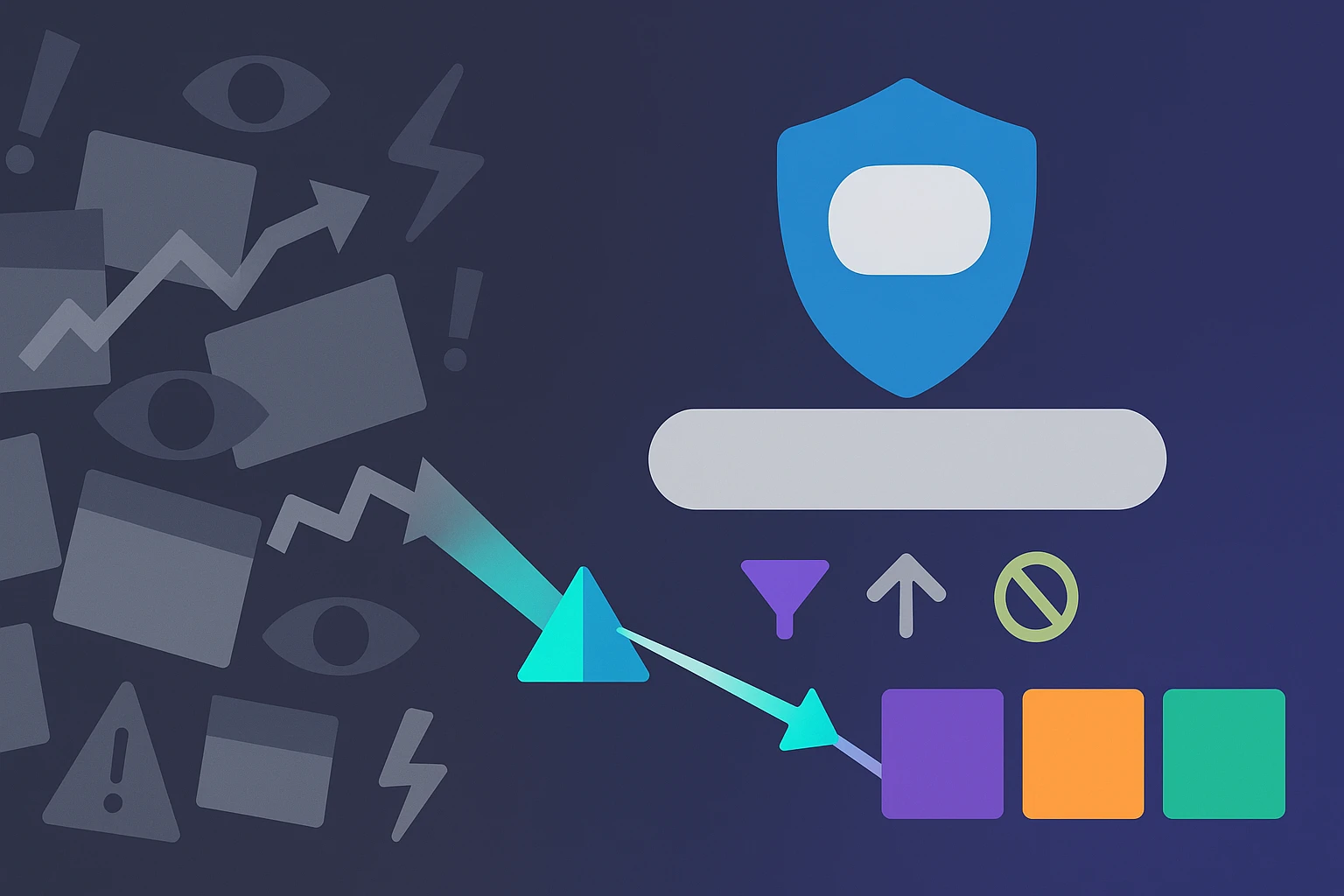 Banner showing ad chaos fading into a calm private search with shield and control icons.