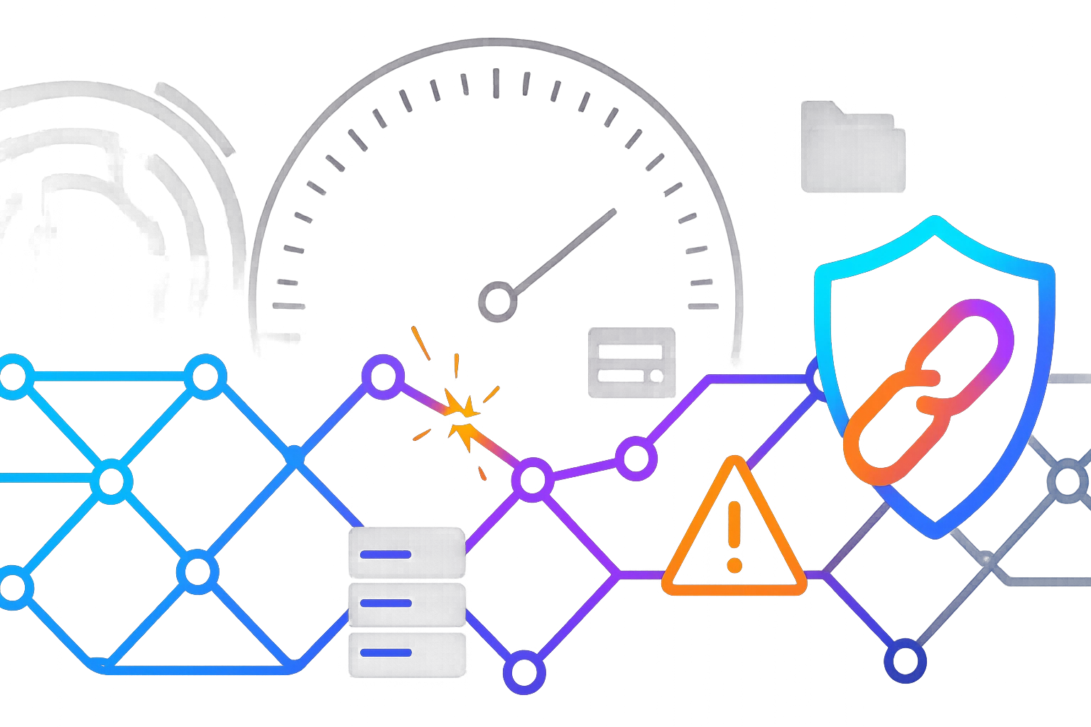 Wide neon network grid with severed links, shield, and clock ring, illustrating a post-takedown ransomware landscape.