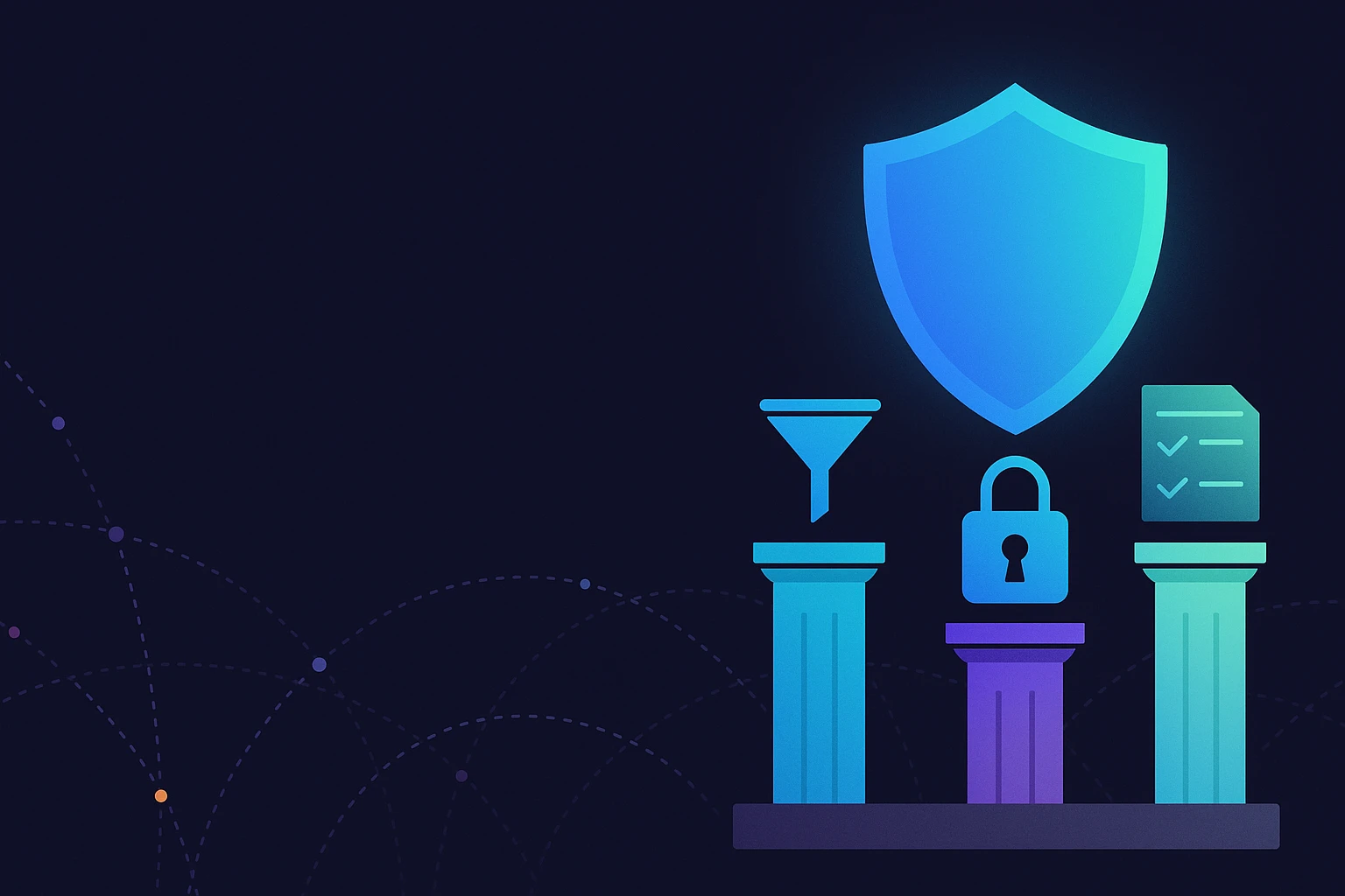 Wide banner with shield over three pillars: minimization, encryption, transparency; colorful high-contrast network mesh.