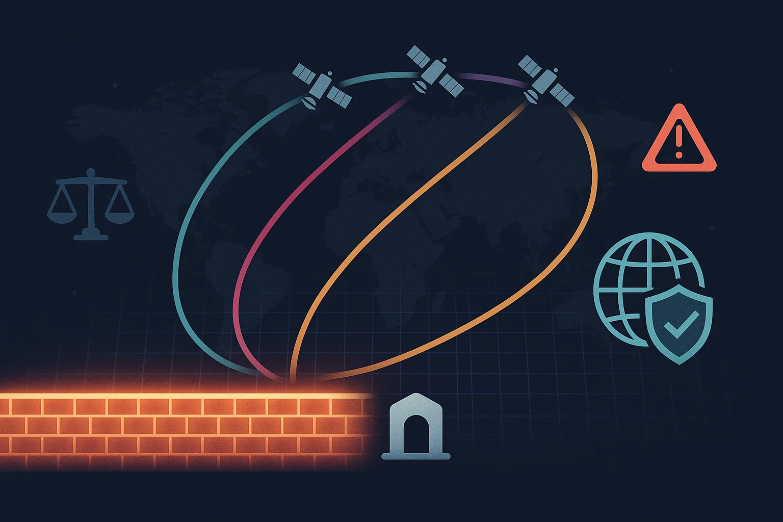 Wide banner of satellites linking past a bright grid firewall toward a world map with shield and caution icons.