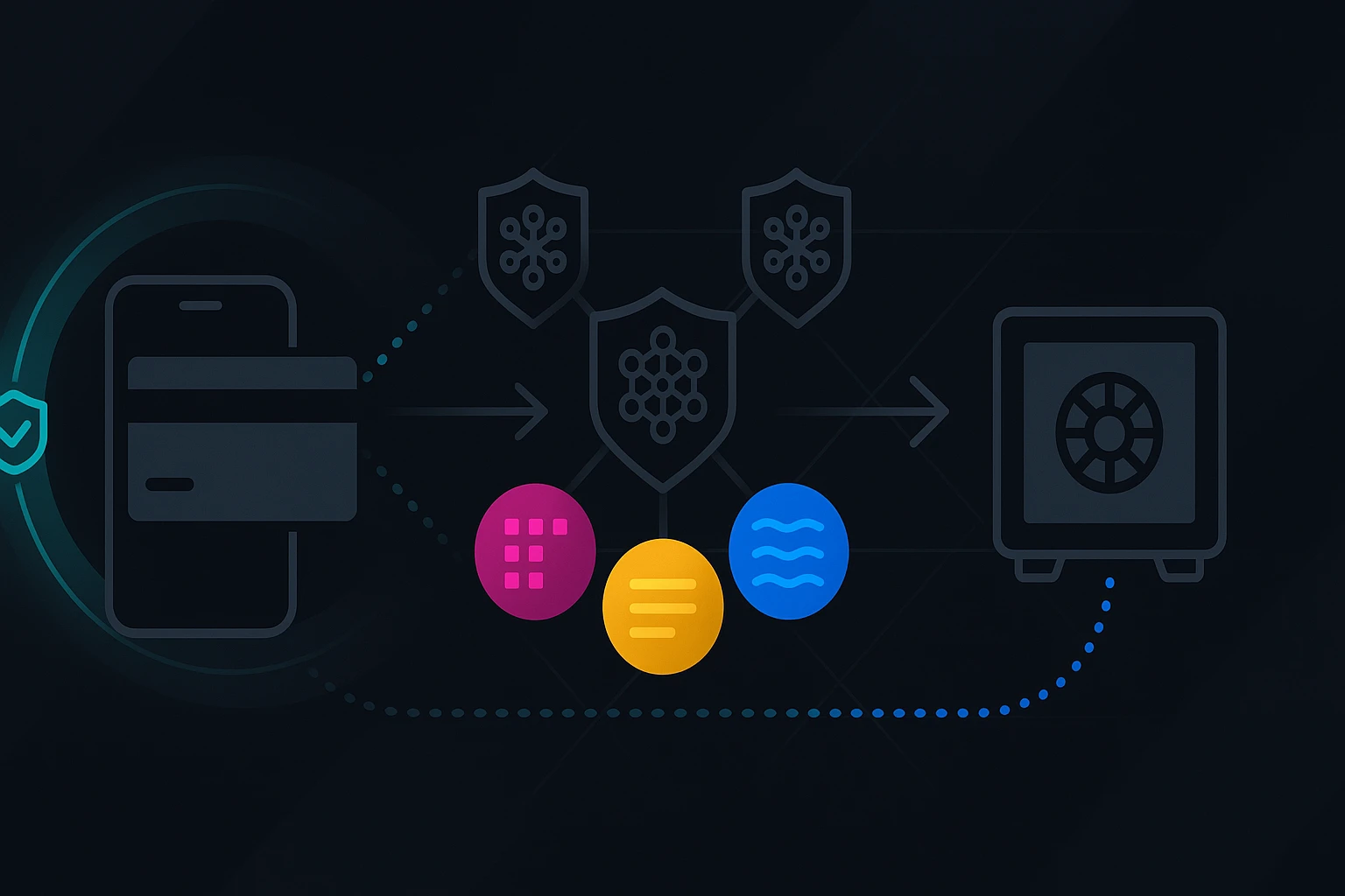 Wide flow of tokenized payment lifecycle from device to network to merchant, shields and arrows show secure signals.