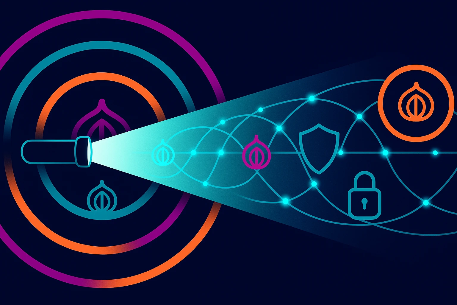 Wide banner showing a searchlight across onion layers and nodes with space for header text, in vivid neon on dark.