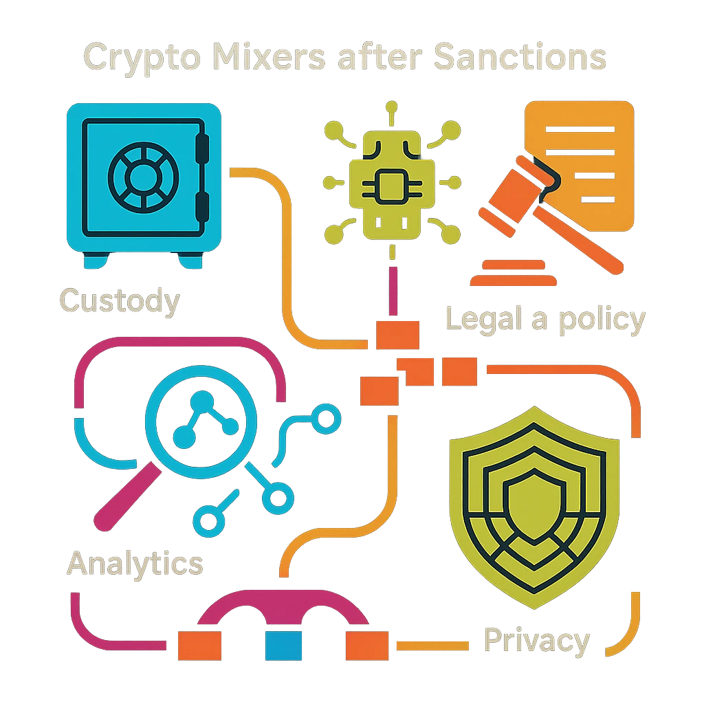Square icons for custody, smart contracts, analytics, and a privacy shield in a bold, flat illustration.