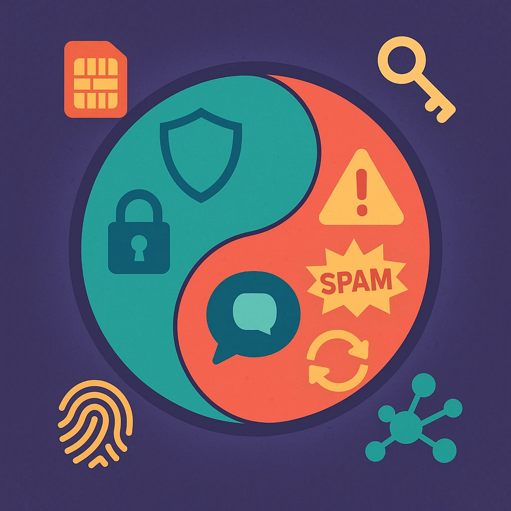 Circular risk–benefit graphic with shield, lock, SIM chip, and alert icons for virtual numbers.