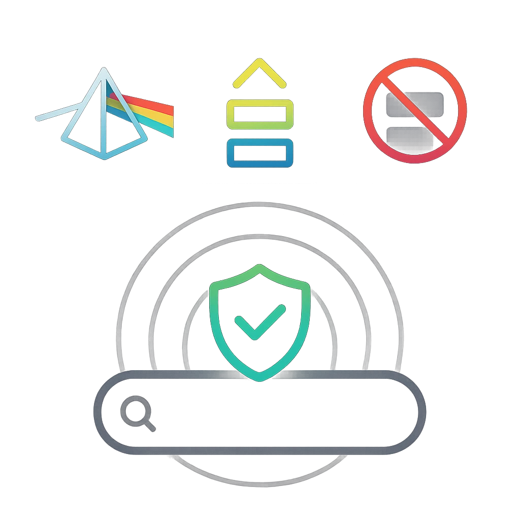 Icons for lenses, boosts, and blocklists with a shielded search bar in bright flat colors.