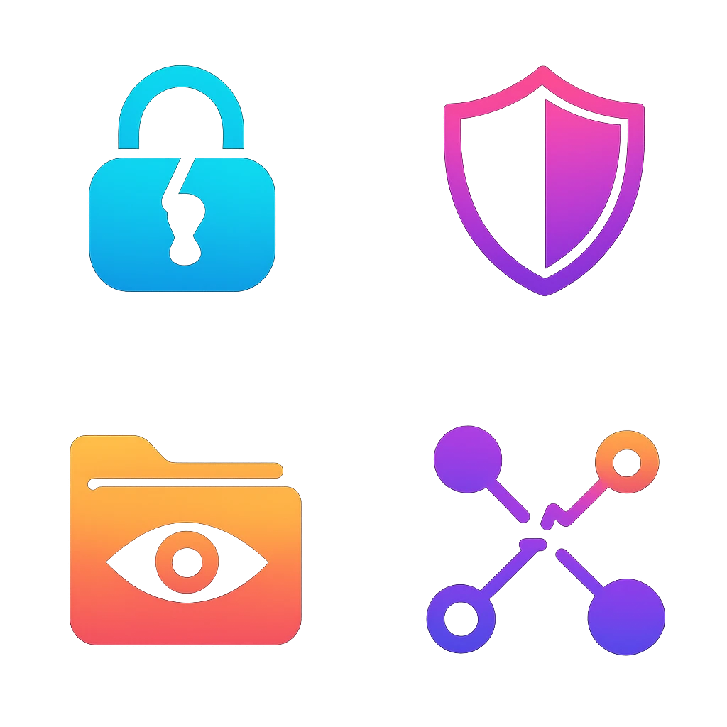 Square grid of cyber risk icons—broken lock, shield, folder, and nodes—in bold colors on a dark backdrop.