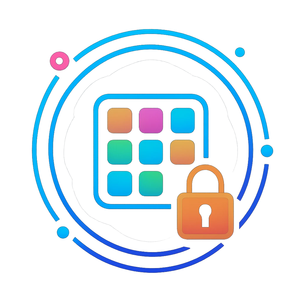 Square emblem: layered portal enclosing a small grid of tiles with a lock, suggesting privacy on imageboards.
