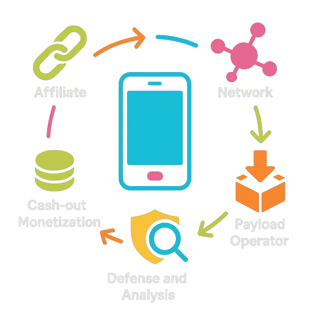 Square diagram of mobile PPI supply chain circling a phone—affiliates, brokers, payloads, and monetization icons