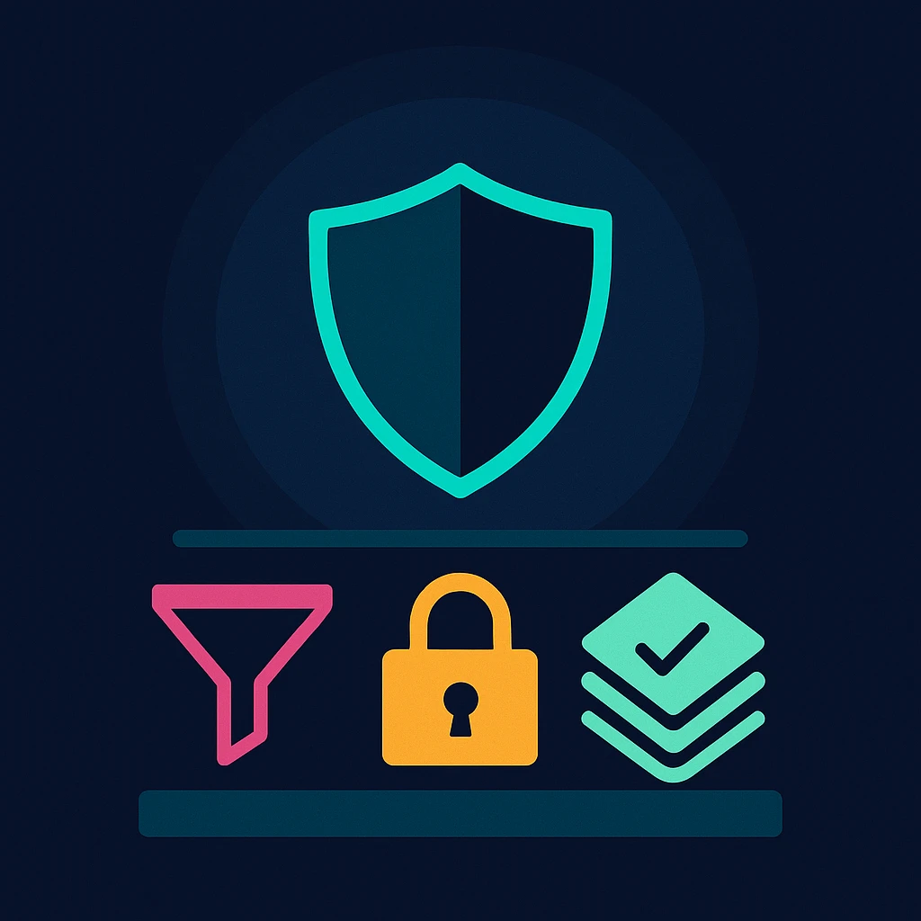 Square emblem with shield above three icons: funnel, lock, ledger on a solid base, vivid flat colors, no text.