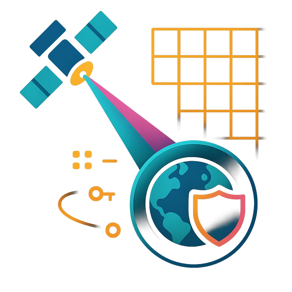 Square icon-style satellite beam passing a grid wall to a protected globe, representing privacy vs censorship.
