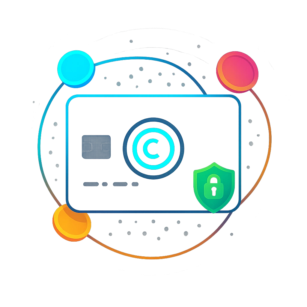 Square abstract card with orbiting tokens and a glowing ring for dynamic CVV on a dark background.
