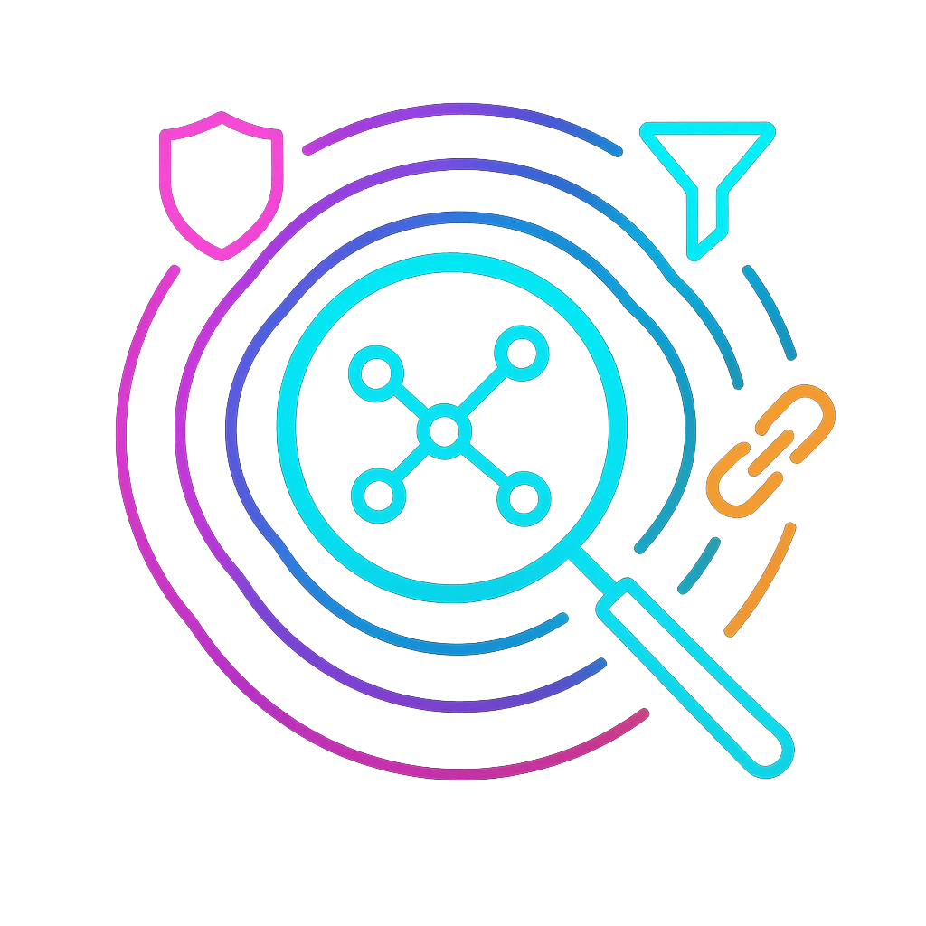 Square icon: magnifying glass over onion layers with shield and filter symbols, high-contrast flat style.