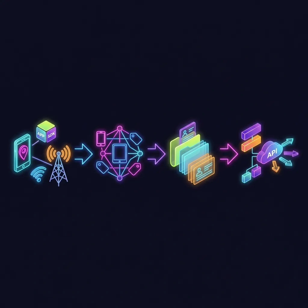 Wide pipeline graphic showing collection, identity graph, dossier, and resale stages with bright arrows.