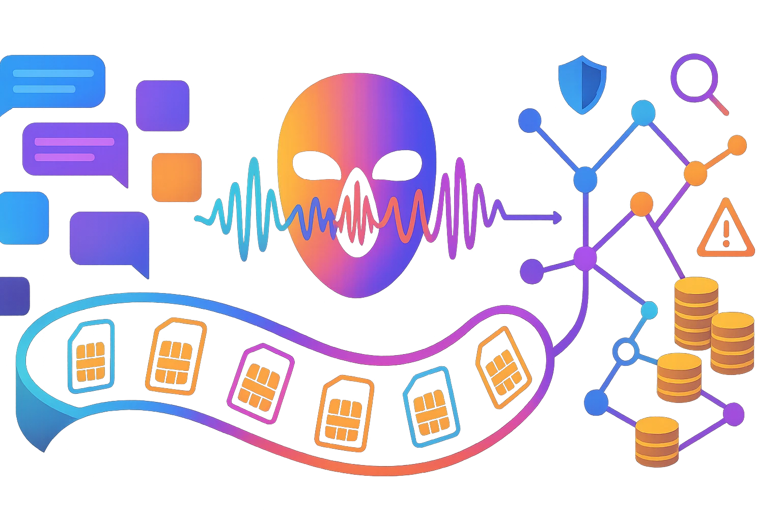 Wide banner with chat bubbles, AI voice waveform mask, SIM cards, and connected crypto nodes