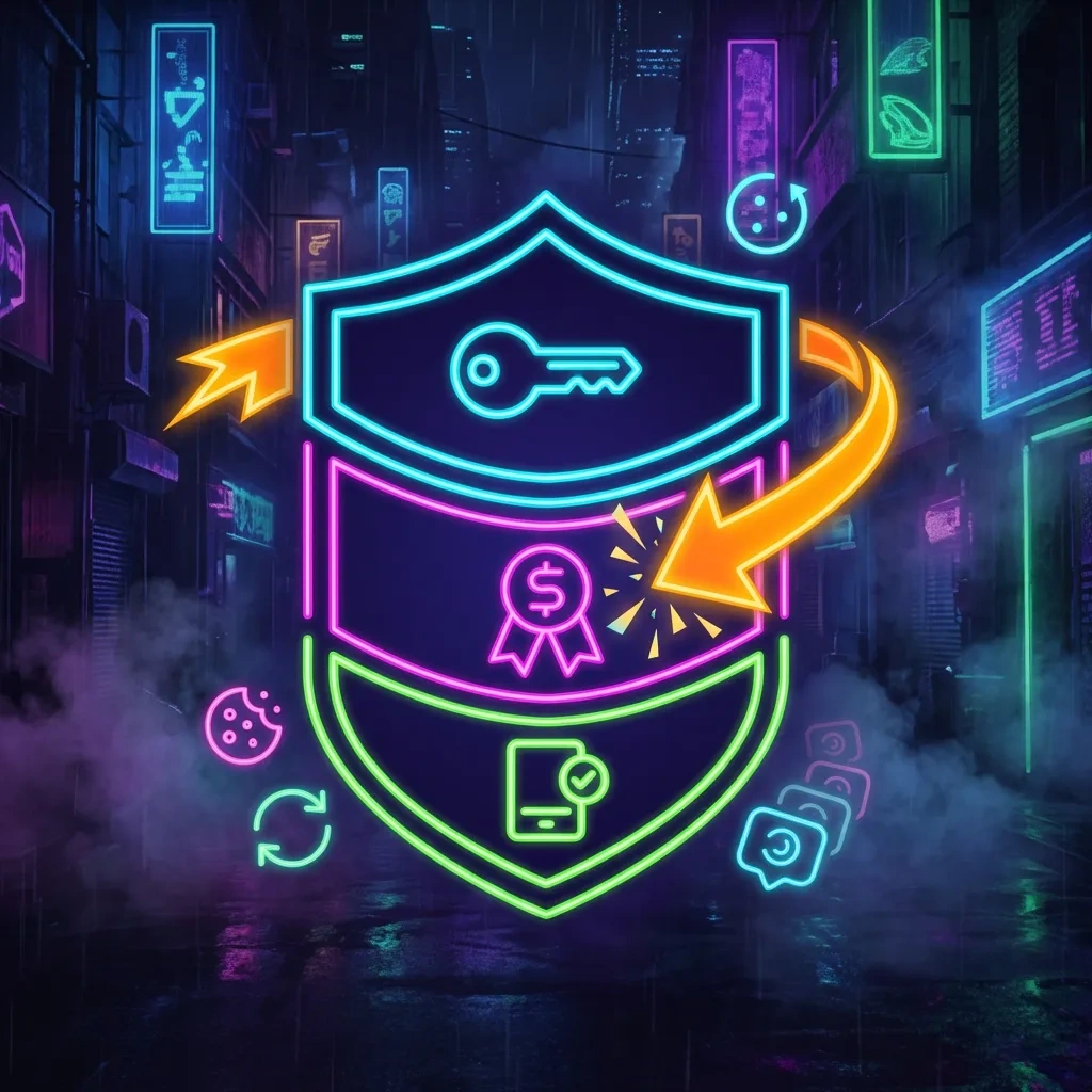 Square diagram-style illustration showing passkey layer intact while session tokens are targeted, plus fatigue and attestation icons.