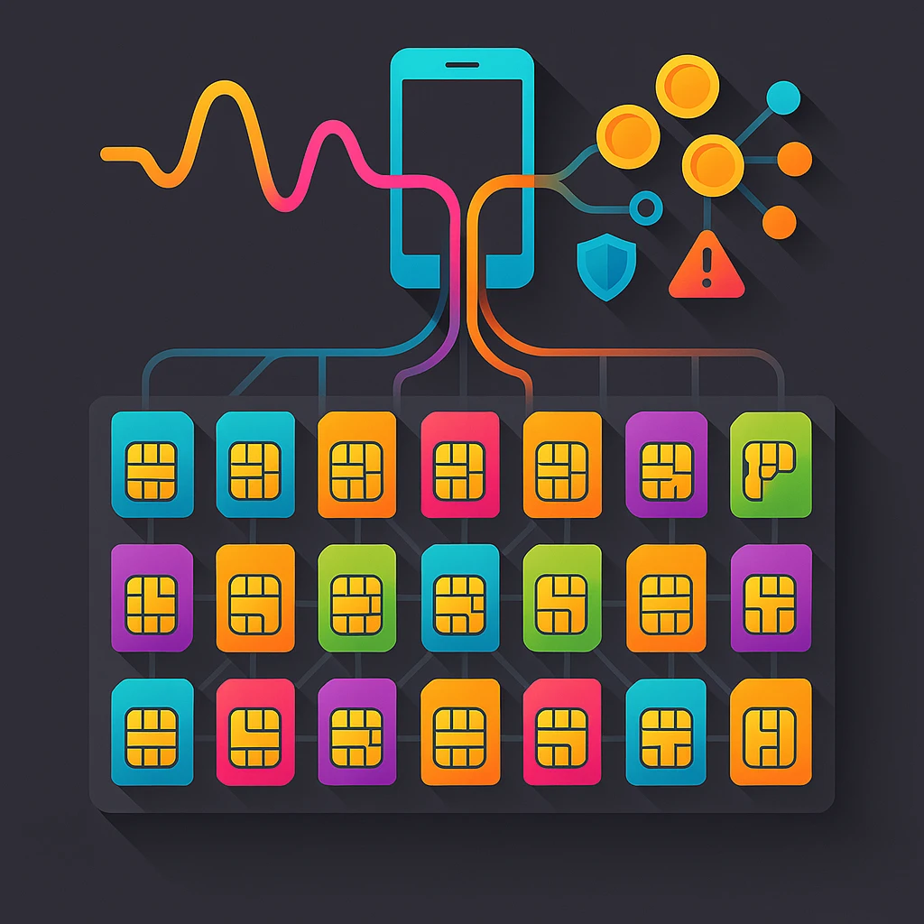 Square graphic of SIM cards, voice waveform, and generic crypto nodes linked in a network