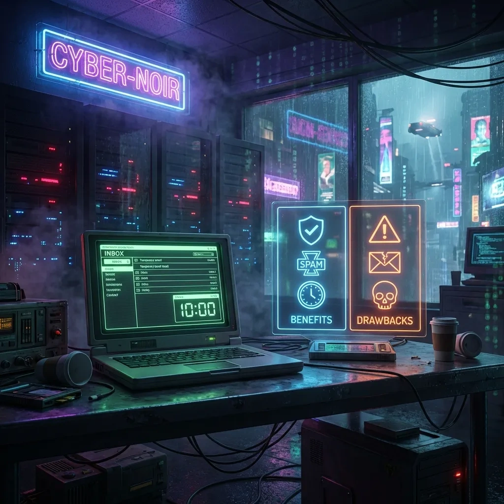 Wide cyber workspace banner showing a temporary inbox timer with icons for benefits and drawbacks