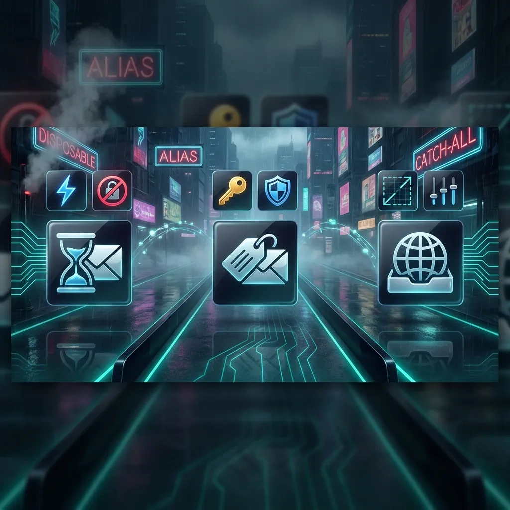 Wide banner comparing disposable inbox, alias, and catch-all options with icons for speed, blocking, and control