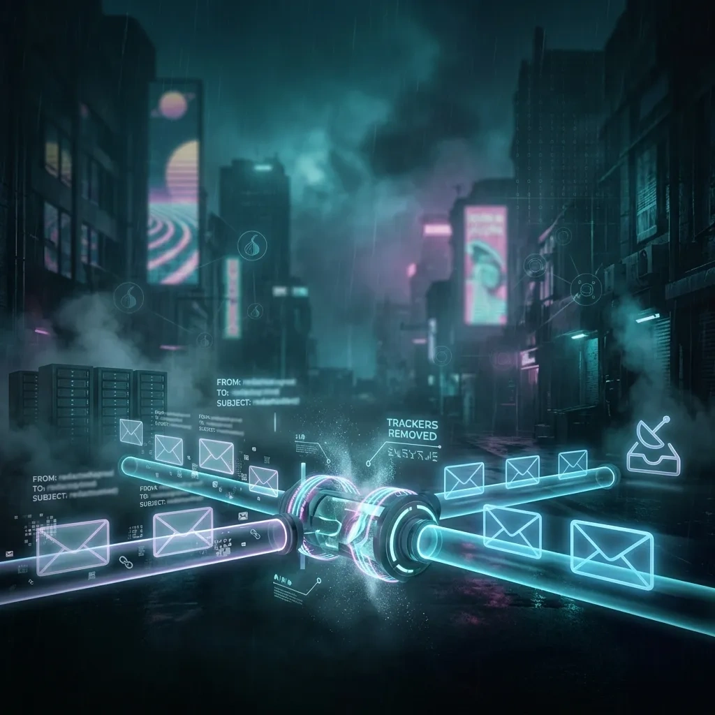 Wide banner showing email forwarding through a relay that strips trackers before delivery