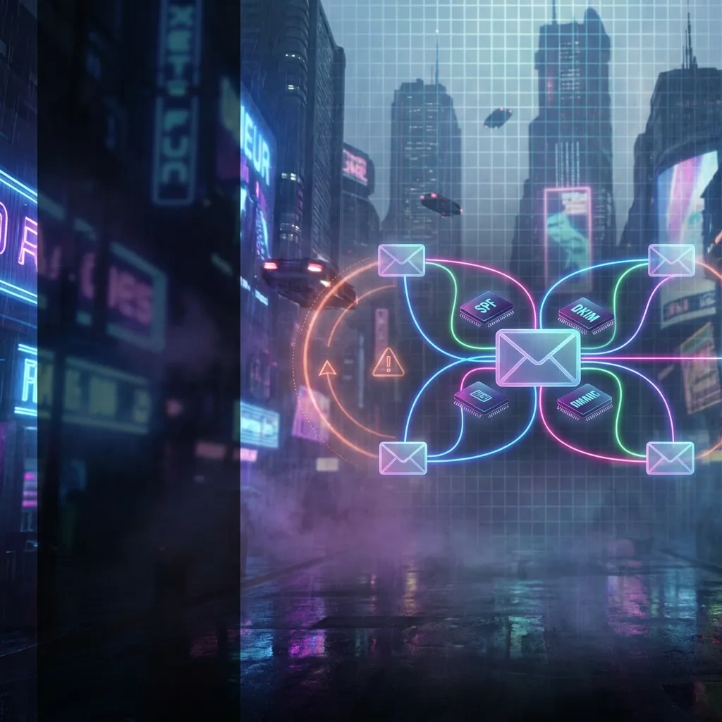 Wide abstract diagram showing forwarded email routes with SPF, DKIM, DMARC tags and a subtle loop warning