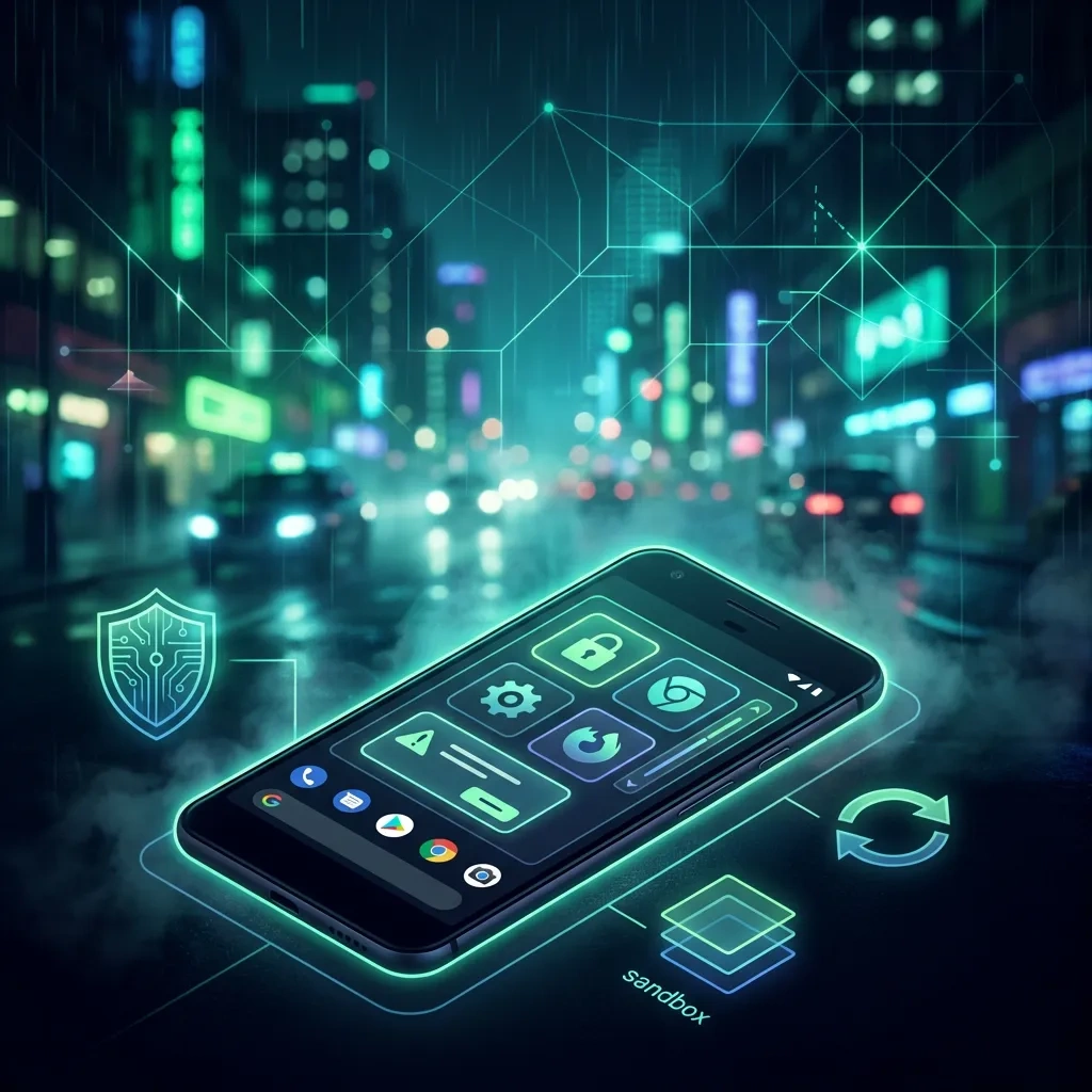 Wide banner showing a phone with abstract sandboxing and security layers over a dark network map background