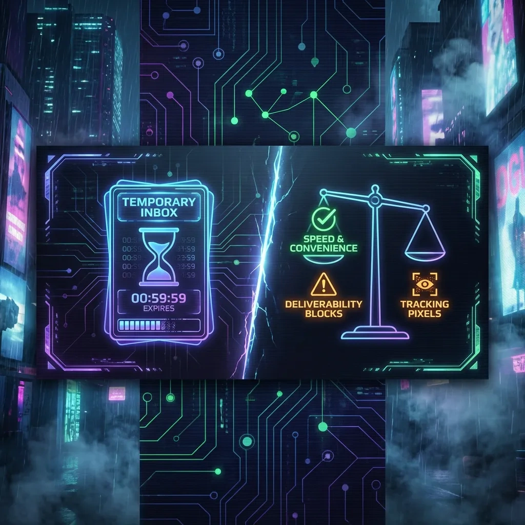 Wide banner showing disposable email pros vs cons with expiry timer and deliverability/trackers caution symbols