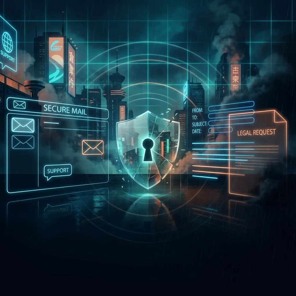 Wide banner showing secure email tradeoffs: usability vs metadata and legal exposure in a dark theme