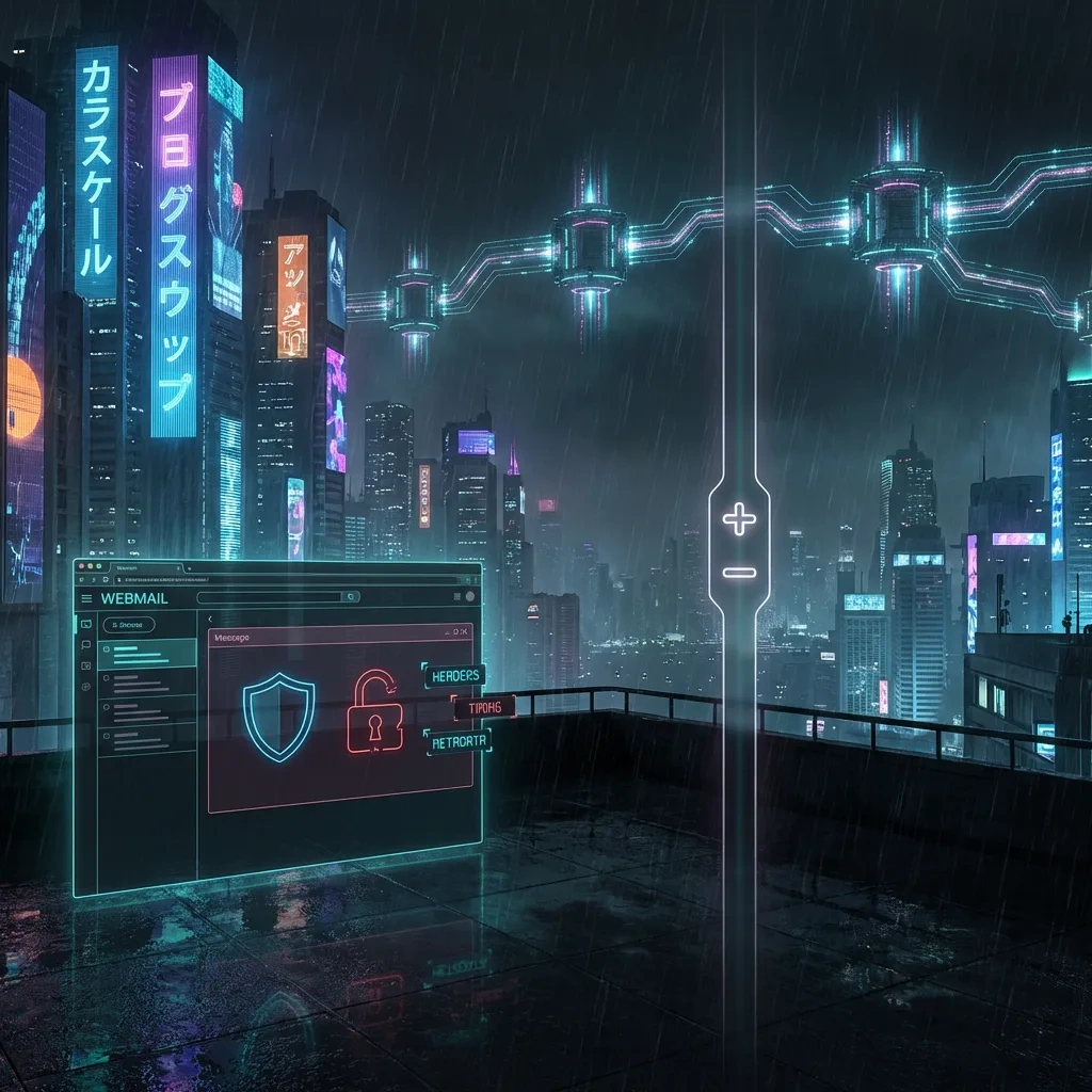 Wide Tor-like relay path behind a generic webmail panel with shield, lock, and metadata icons.