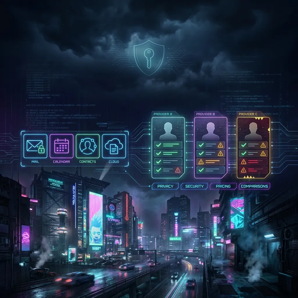 Wide banner showing generic email, calendar, and cloud panels with security icons and a neutral comparison strip