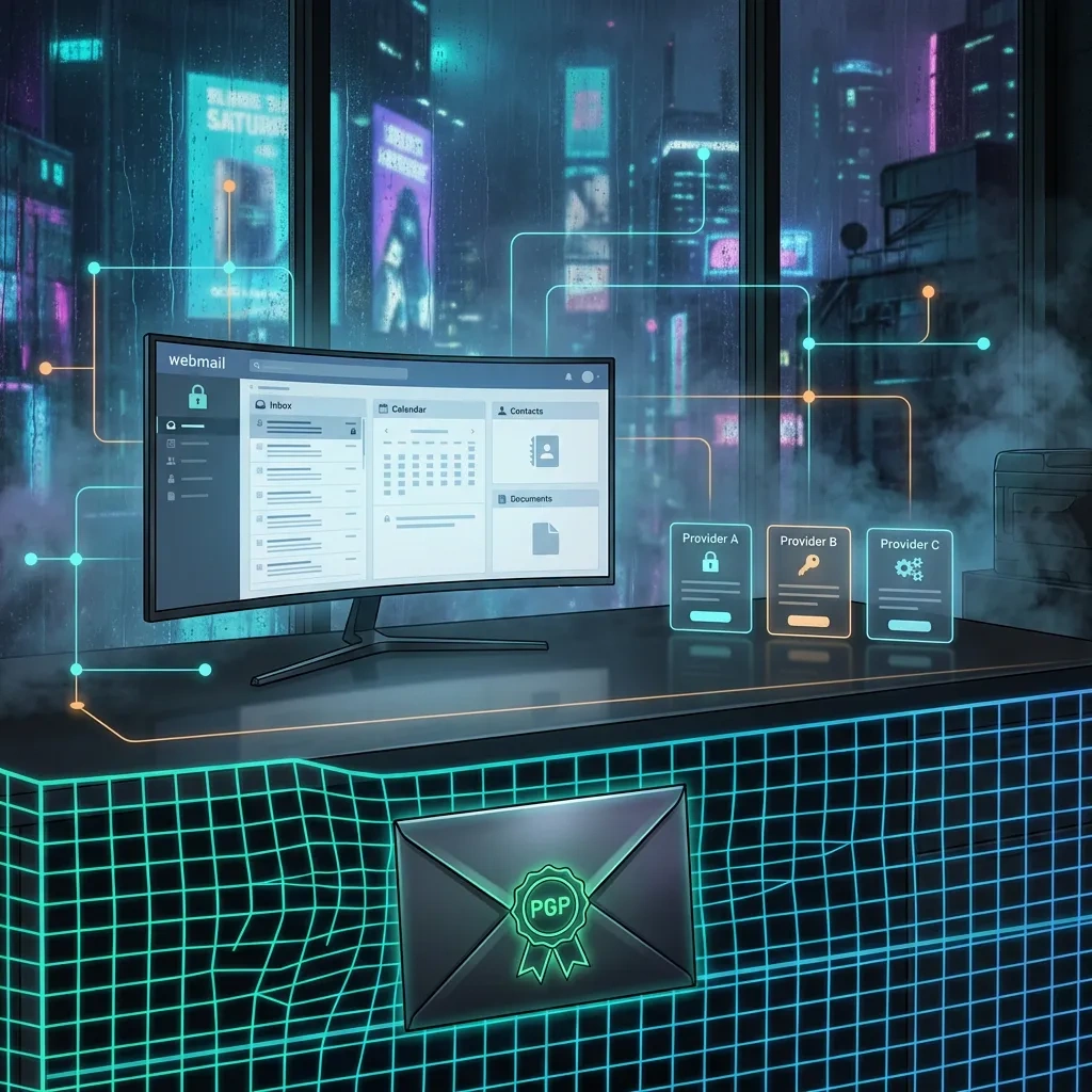 Wide secure-email banner with webmail, PGP lock, and suite icons behind an abstract protective fence grid.