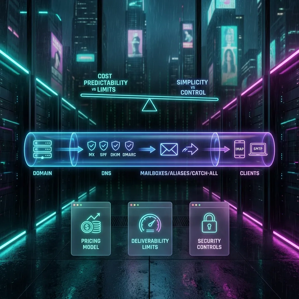 Wide banner showing domain email flow with DNS, mailboxes, and client protocols, emphasizing balanced tradeoffs