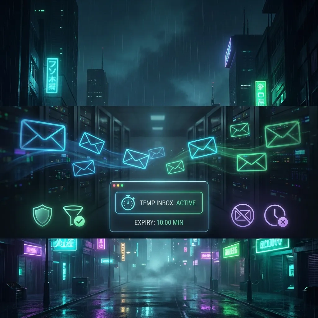 Wide banner showing a temporary email inbox with icons for privacy benefits and limitations in a dark tech style