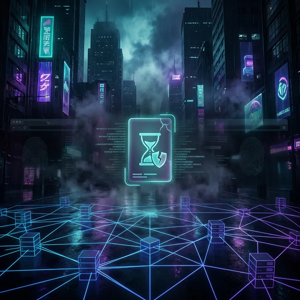 Panoramic cyber network with a disposable inbox card, timer icon, and shield indicating privacy limits and risks