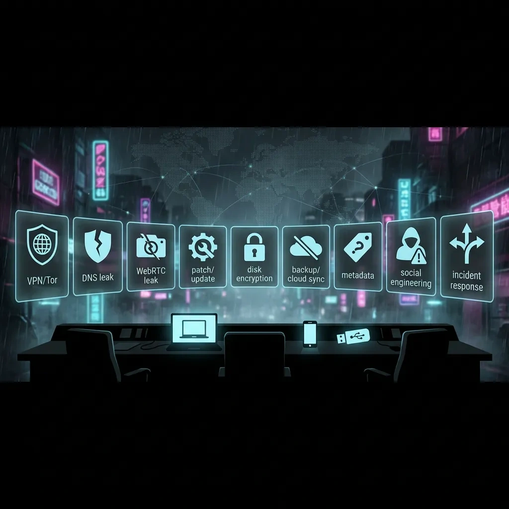 Wide dark banner with abstract OPSEC tiles for network hygiene, encryption, metadata control, and incident response