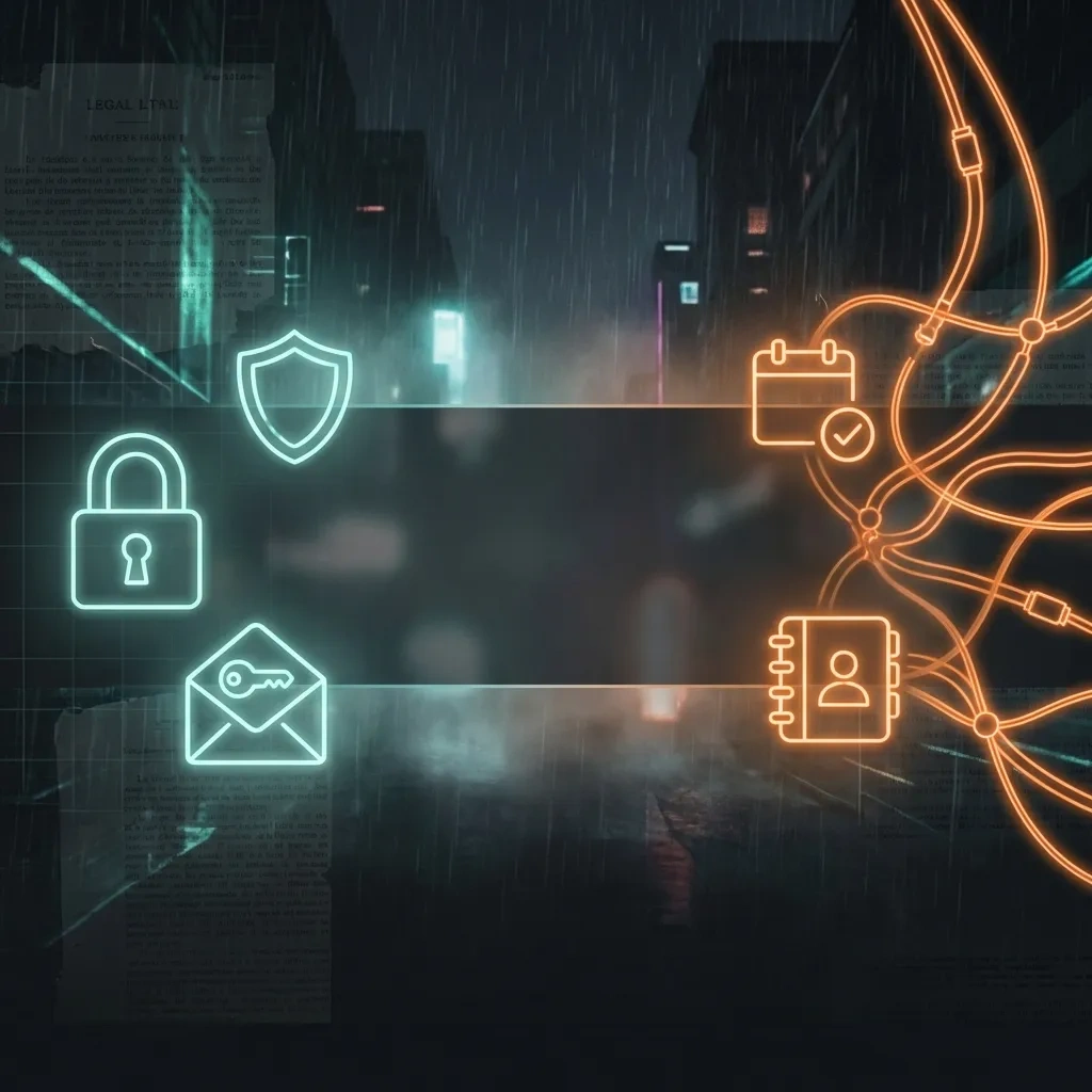 Wide cyber-noir banner showing abstract encryption and email connectivity icons on a dark grid background