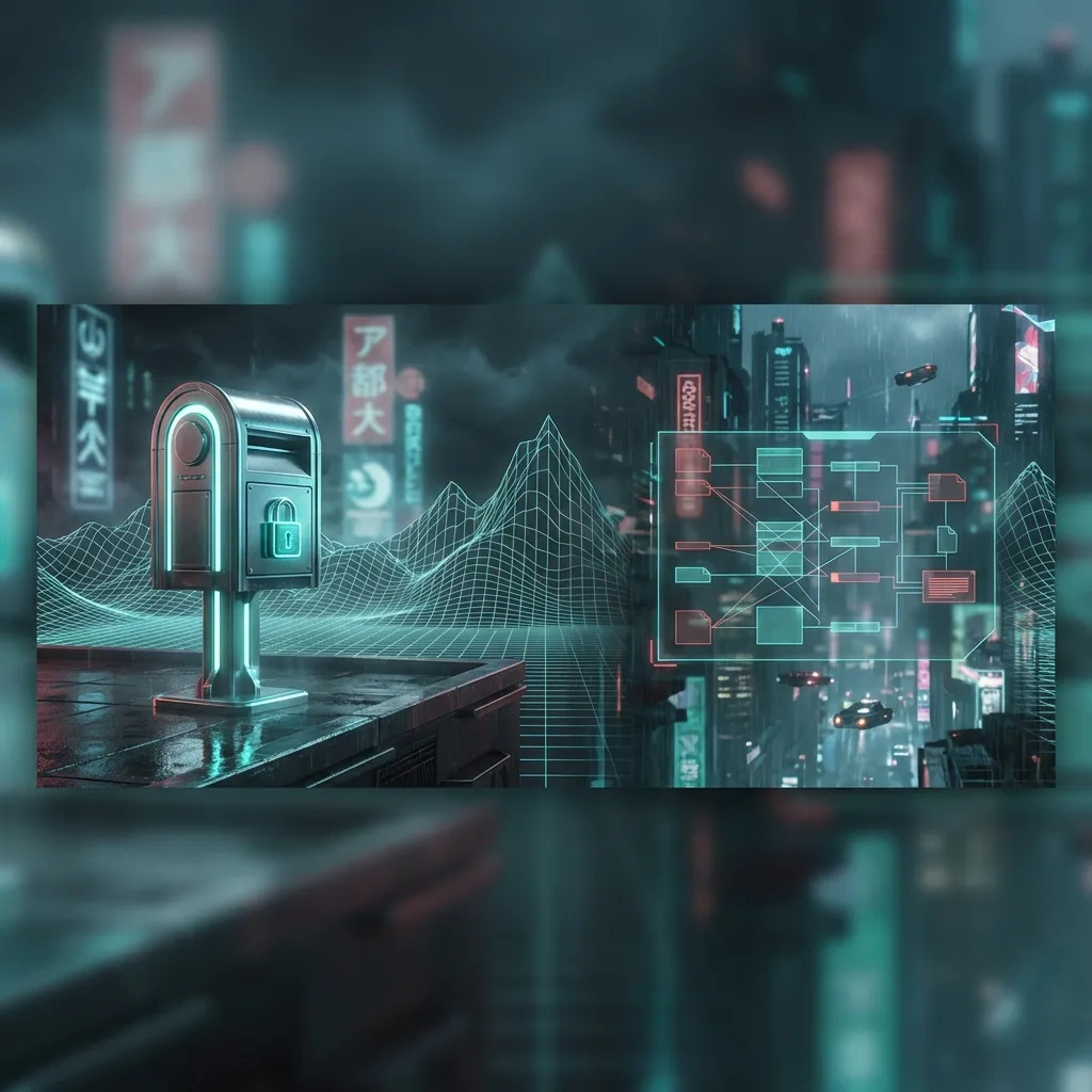 Wide cyber-noir scene with a lock-mailbox icon and abstract metadata overlay on a dark grid