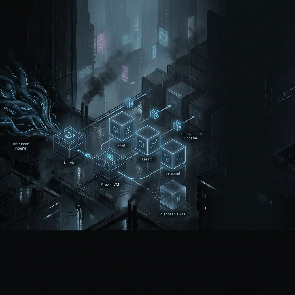 Wide abstract network isolation diagram with separated VM cubes and a disposable session path