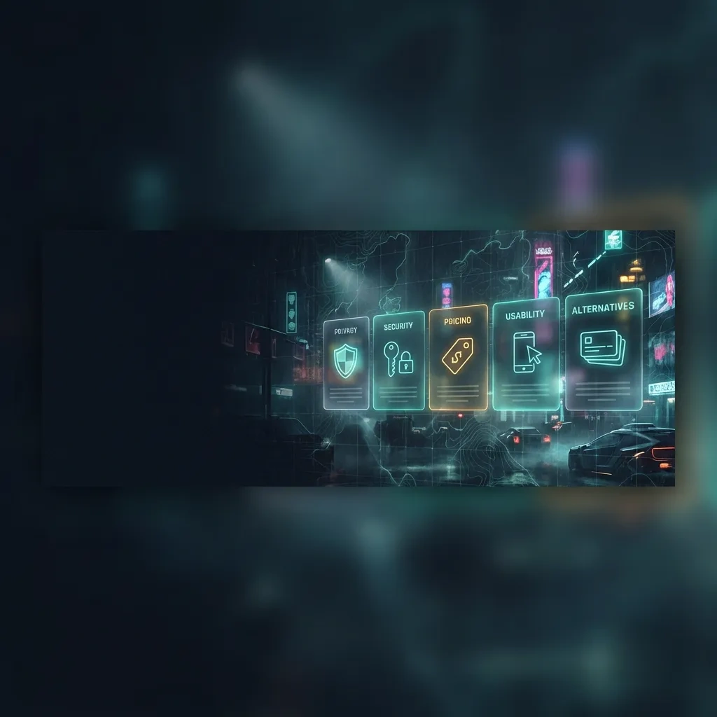 Wide cyber-noir comparison dashboard with privacy, security, pricing and usability panels over a dark background