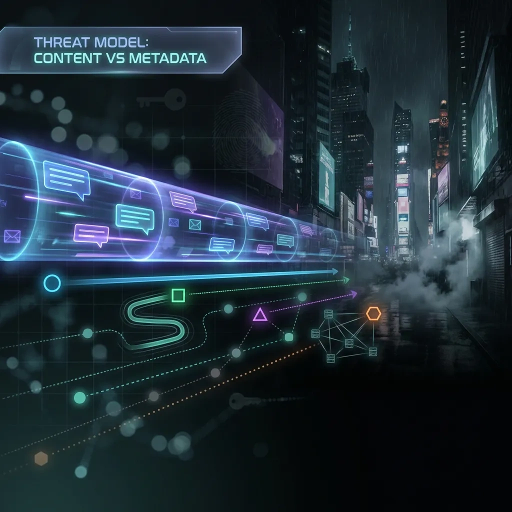 Wide banner showing encrypted tunnels and network hops illustrating content vs metadata across four messaging approaches.