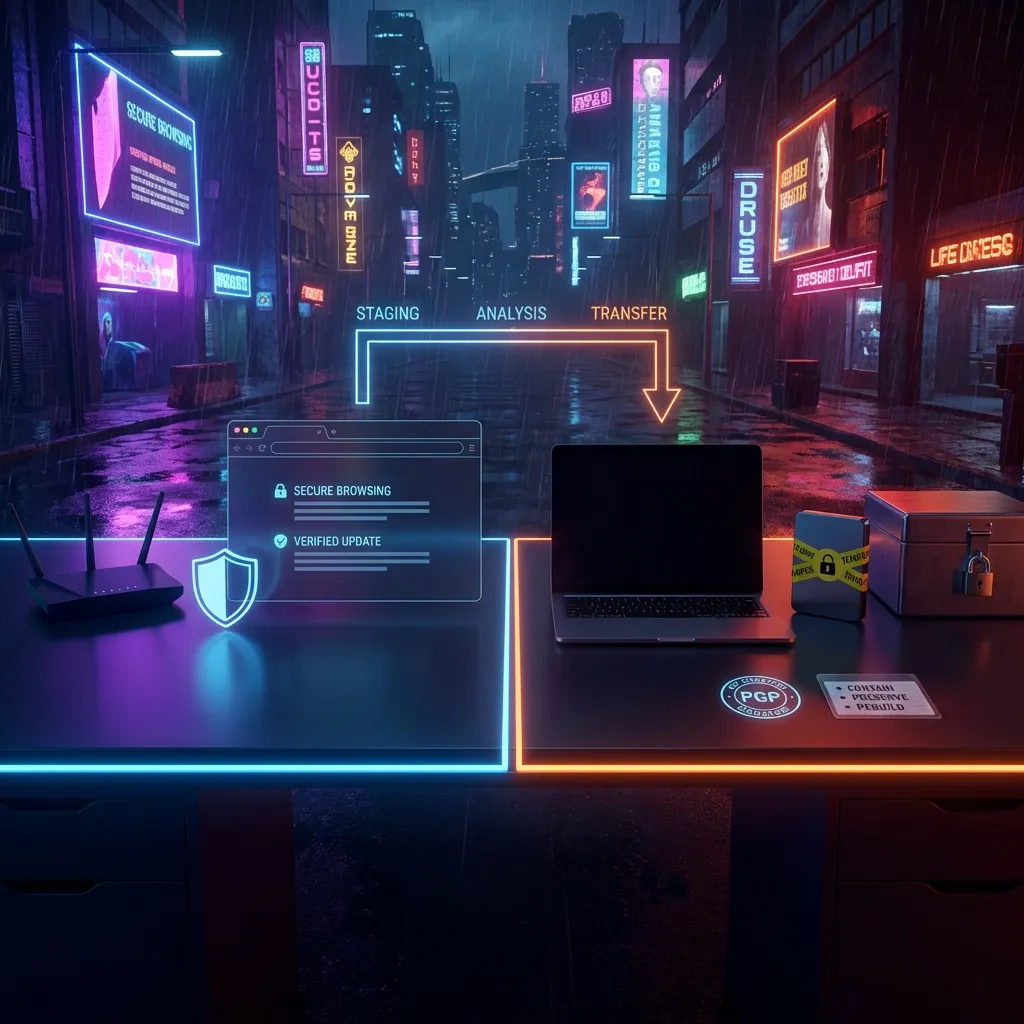 Wide split-scene showing networked vs offline zones separated by an air gap with secure media and encryption cues