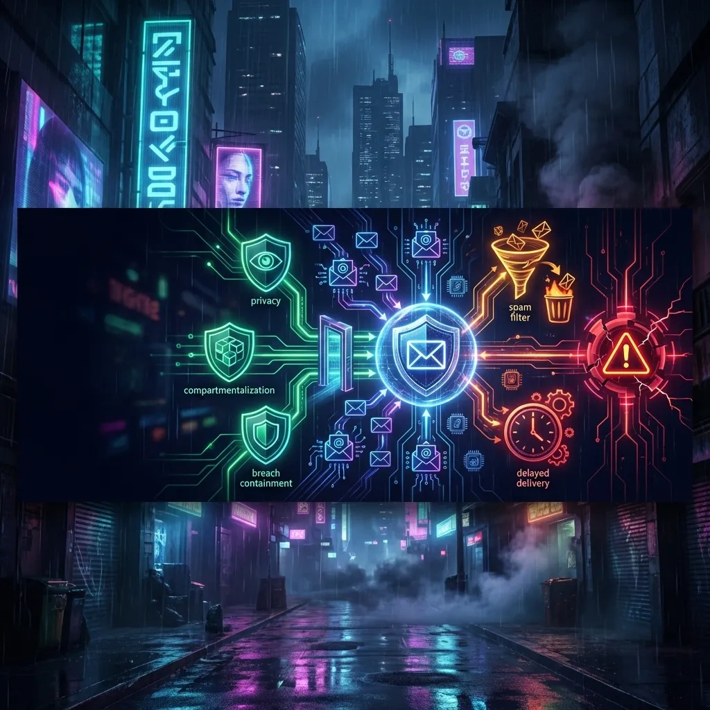 Wide cyber-noir banner of email aliases funneling through a gateway, showing benefits and deliverability risks