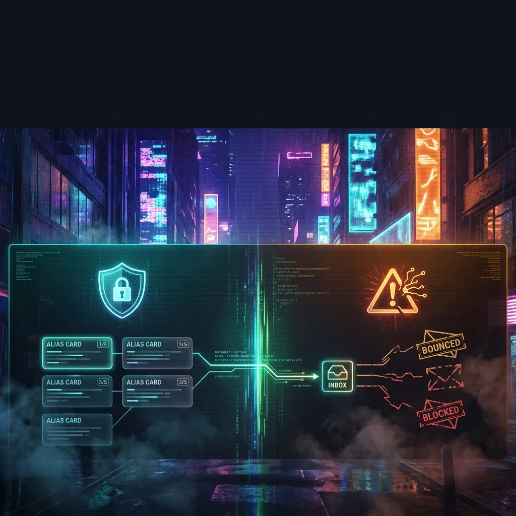 Wide banner showing pros vs cons of disposable email forwarding with shield and warning motifs