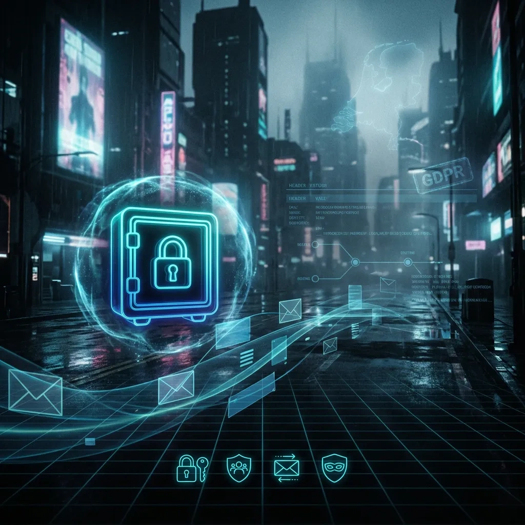 Wide abstract visualization of encrypted email content vs exposed metadata with icons for PGP, 2FA, IMAP/SMTP, and aliases