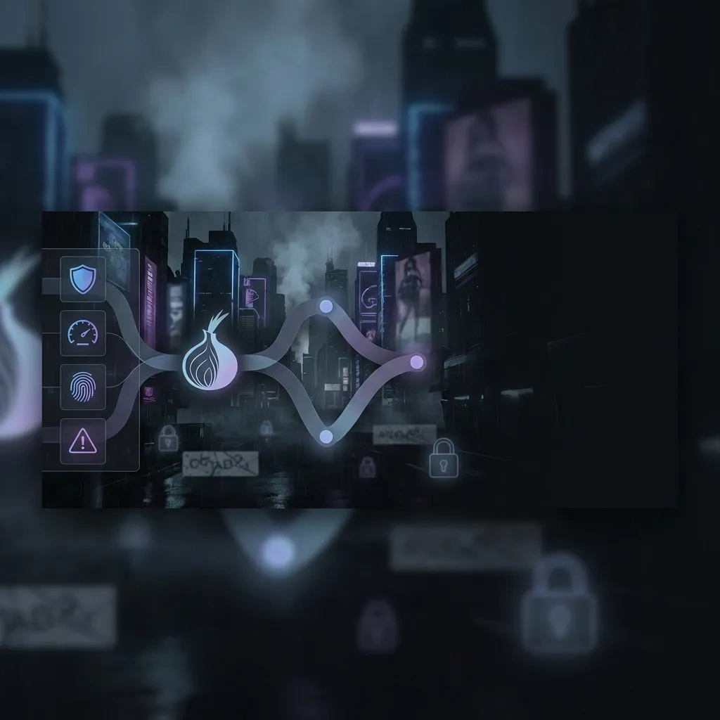 Wide dark banner with abstract routed network paths, onion glow, and icons hinting at privacy, speed, and risks