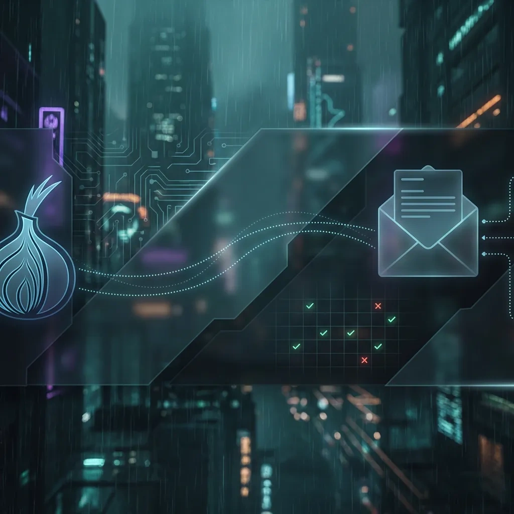 Wide banner with onion-routing iconography connected to email metadata visuals on a dark abstract tech background