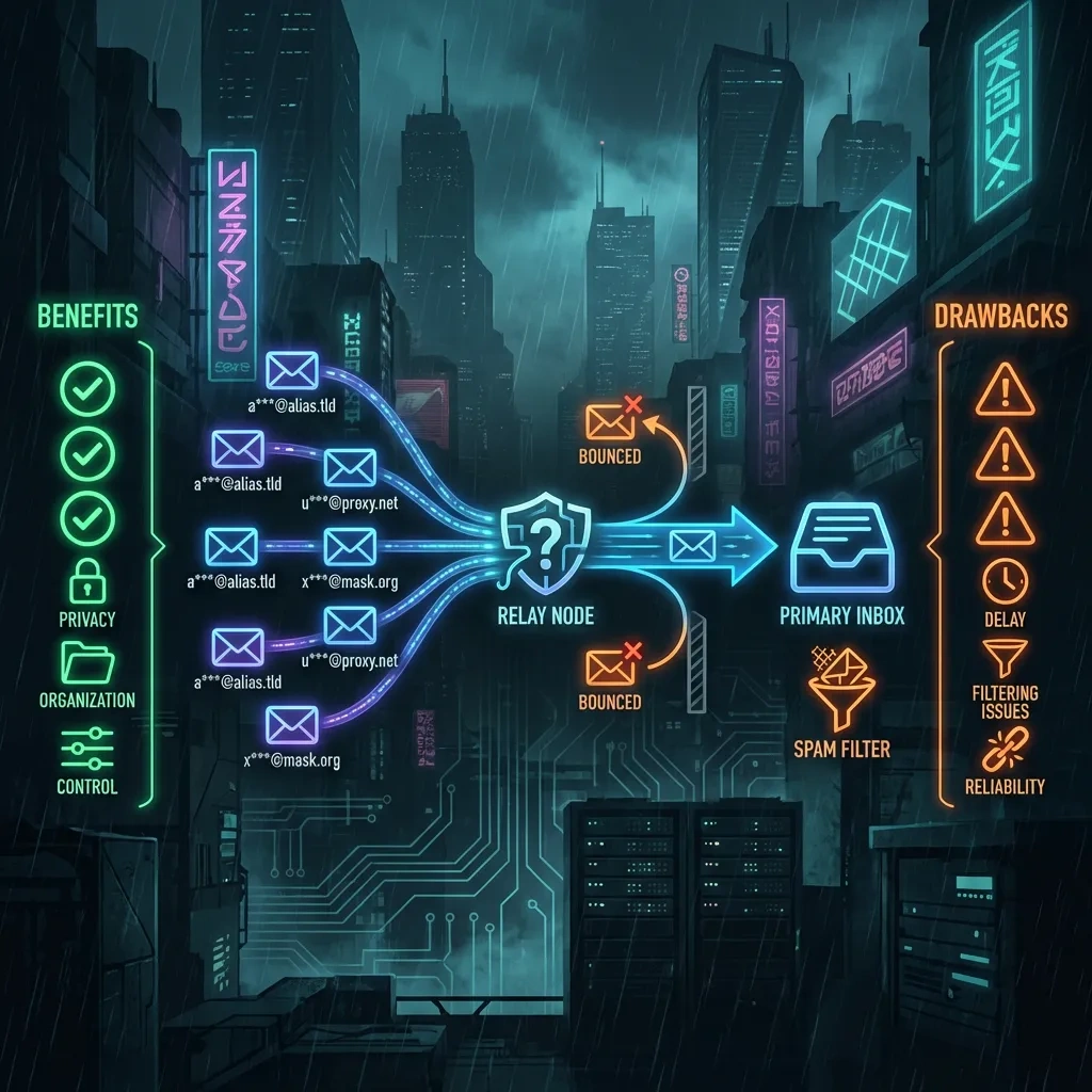 Wide banner showing disposable email aliases forwarding to one inbox with pros, cons, and deliverability cues