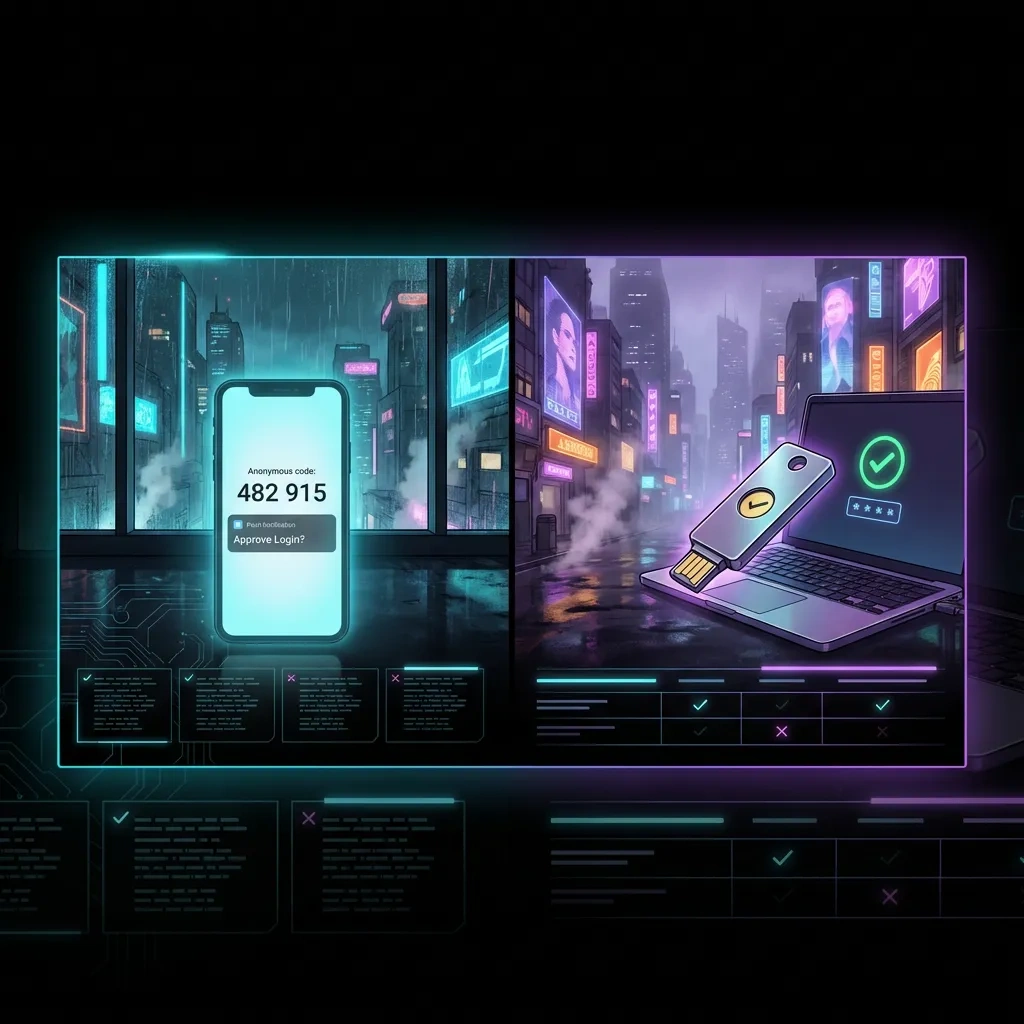 Wide banner showing authenticator app, push prompt, and hardware security key in a 2FA comparison