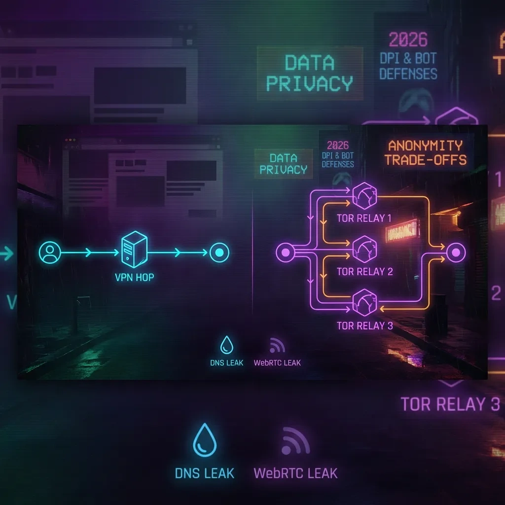 Wide banner showing single-hop VPN path versus multi-hop Tor-style relay path across a dark network map